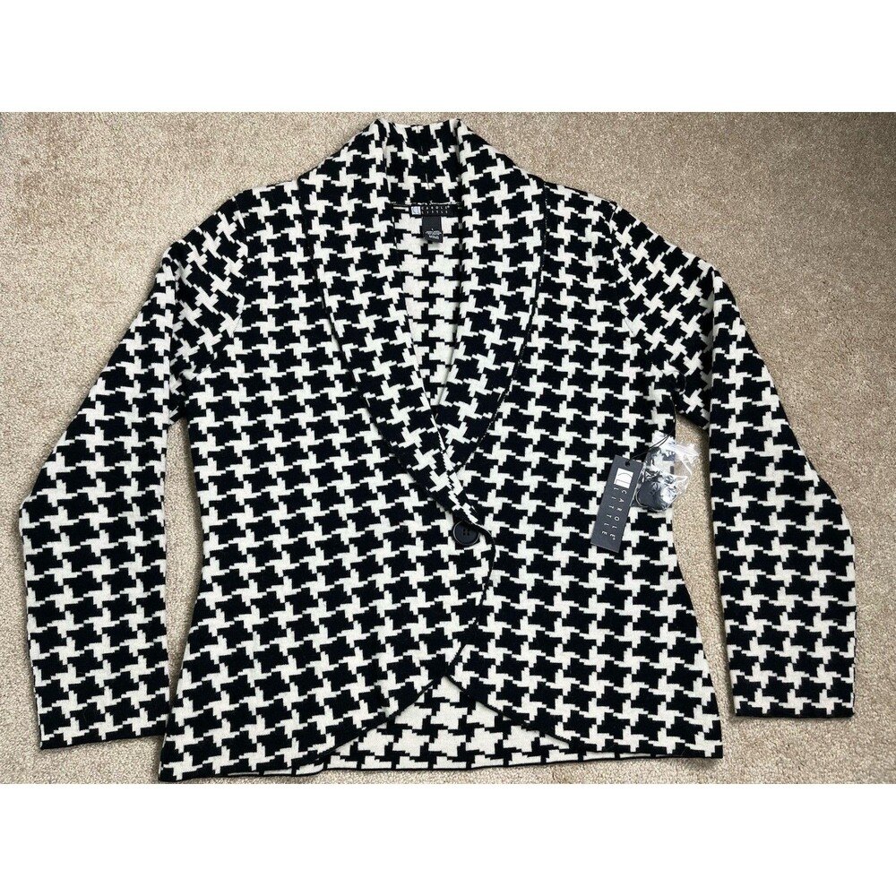 VTG NWT 90s Carole Little 100% Wool Houndstooth Blazer Jacket Women Sz L Boho